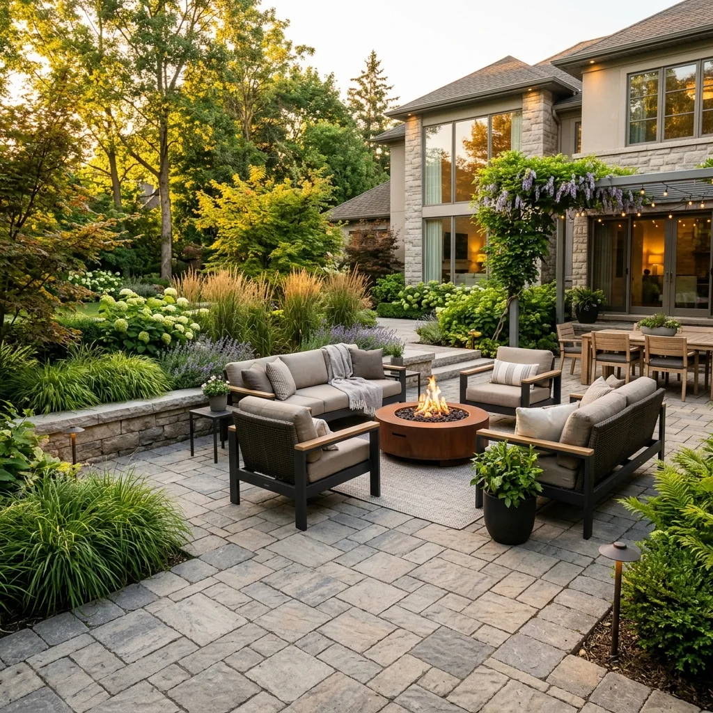 EcoWave Contracting luxury patio installation in Ottawa featuring fire pit and natural stone interlock