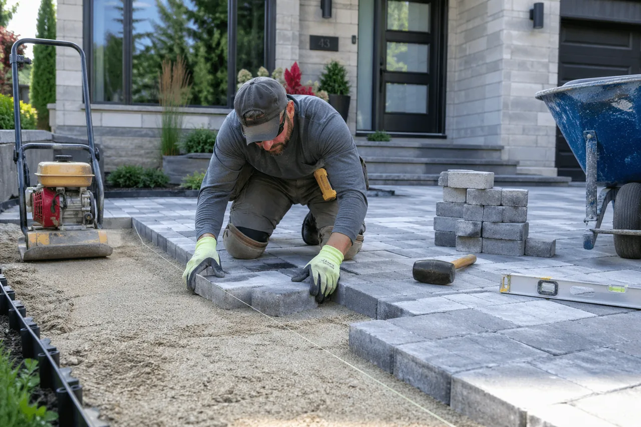 Interlock paver installation in progress at Ottawa residence
