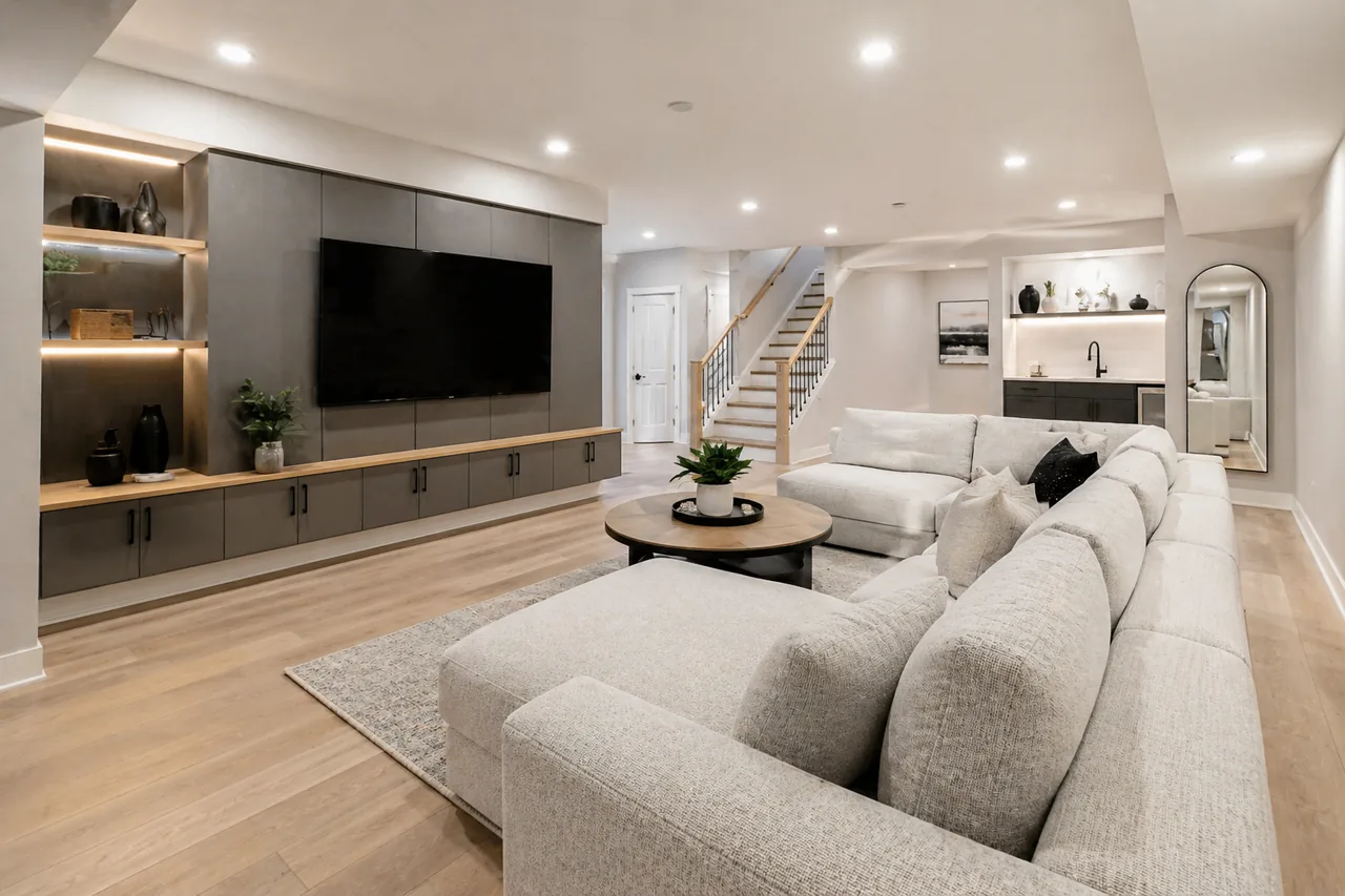 Finished basement renovation in Ottawa with built-in cabinetry, hardwood floors and entertainment space