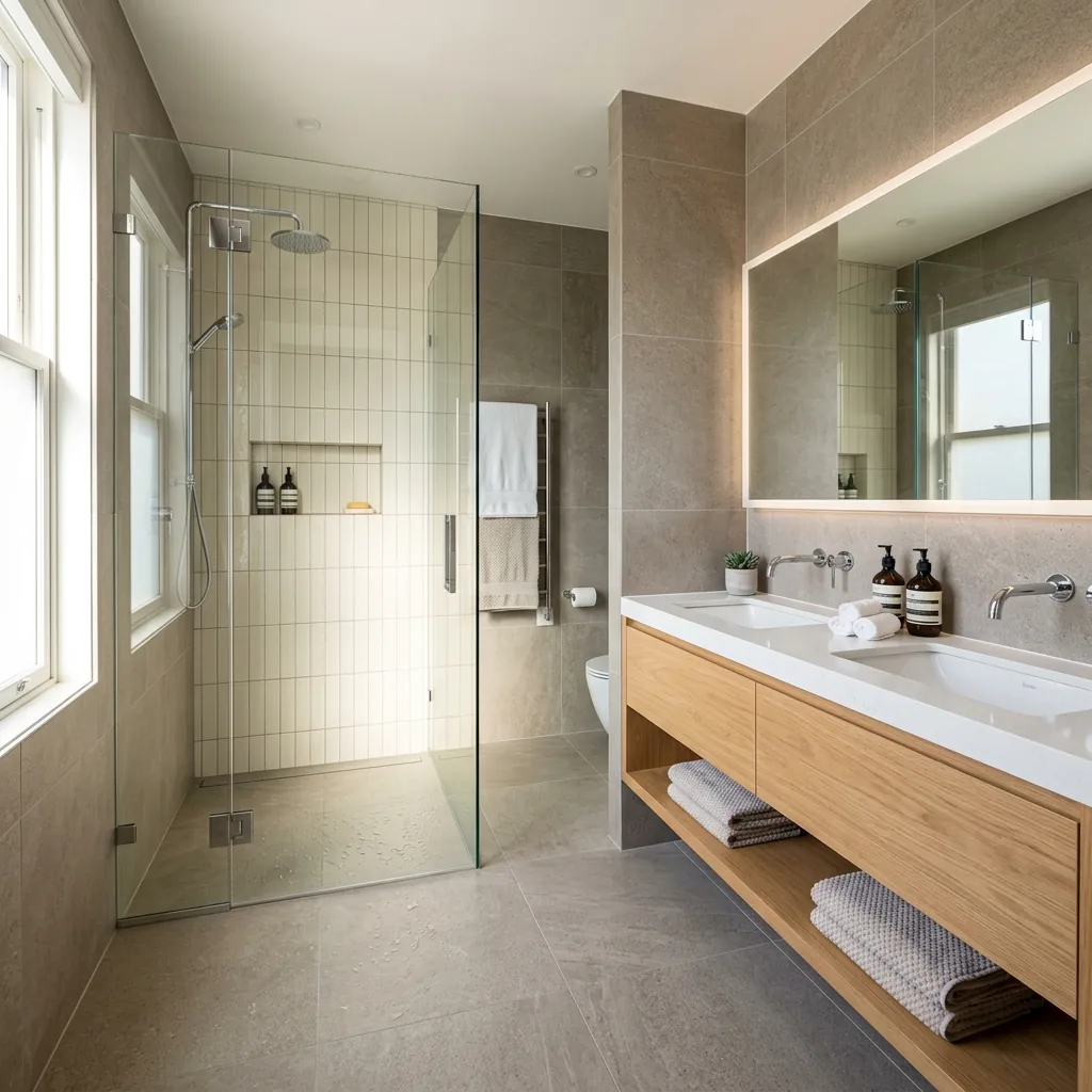 Modern bathroom renovation in Ottawa with walk-in shower and floating vanity