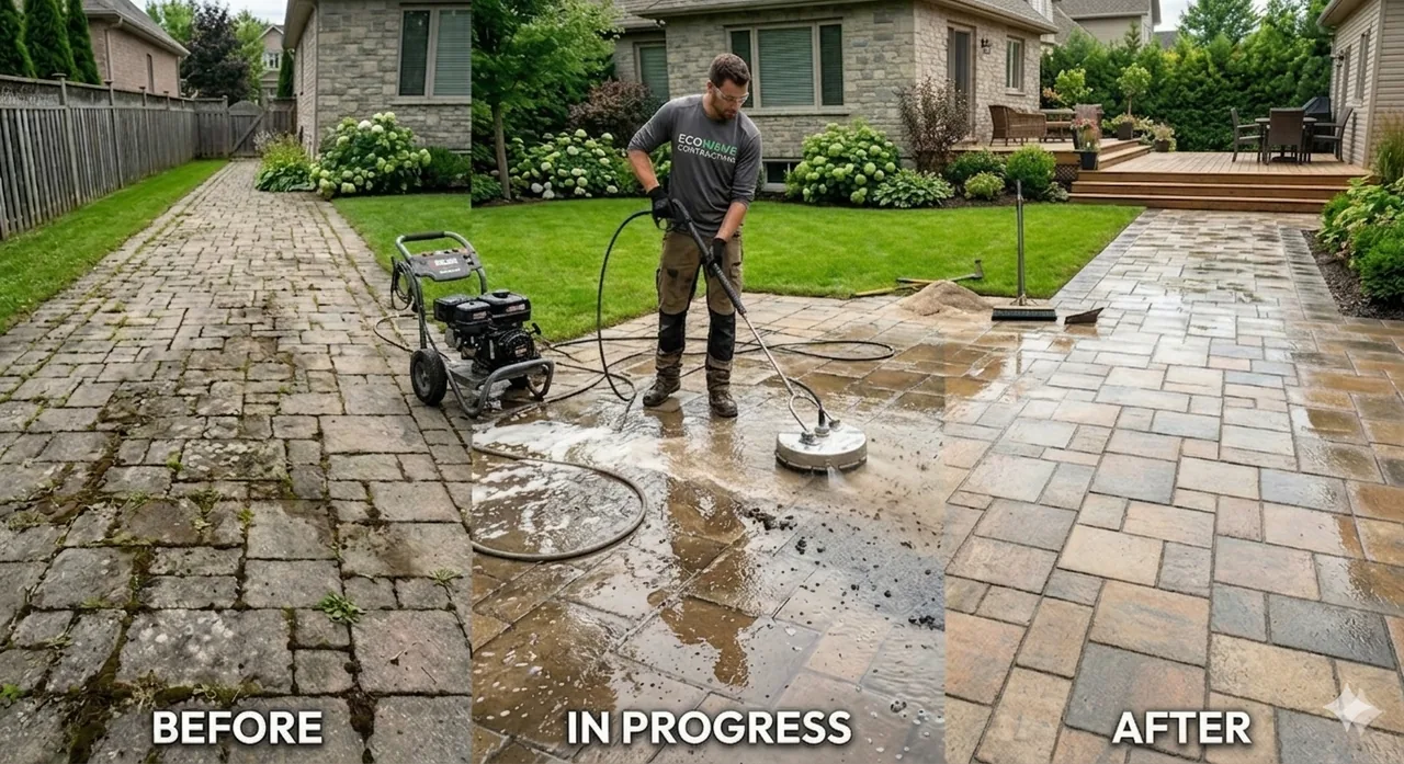 Interlock restoration before and after pressure washing and re-sanding in Ottawa